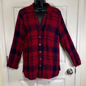 Motherhood Maternity Red and Blue Plaid Button-Up adjustable Sleeve Shirt Sz L